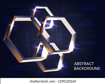 Geometric polygons sparkle on the background. 3D vector illustration . Futuristic geometric background. Abstract composition. Bronze three-dimensional  geometric polygon in space.