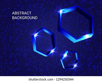 Geometric polygons sparkle on the background. 3D vector illustration . Minimal geometric background. Abstract composition. Blue three-dimensional  geometric polygon in space.