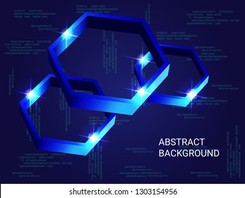 Geometric polygons sparkle on the background. Modern geometric background. Abstract composition. 3D vector illustration . Blue three-dimensional  geometric polygon in space.