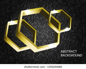 Geometric polygons sparkle on the background. 3D vector illustration . Futuristic geometric background. Abstract composition. Gold three-dimensional  geometric polygon in space.