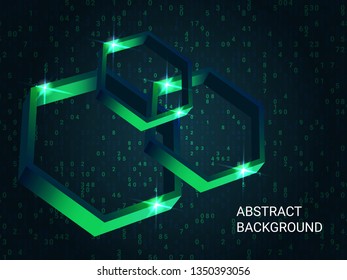 Geometric polygons sparkle on the background. 3D vector illustration . Creative geometric background. Abstract composition. Green three-dimensional  geometric polygon in space.