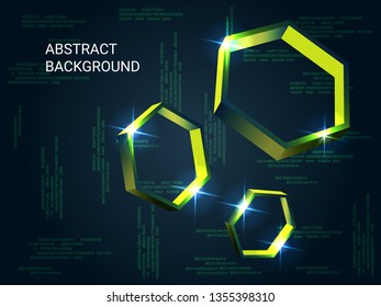 Geometric polygons sparkle on the background. 3D vector illustration . Minimal geometric background. Abstract composition. Green three-dimensional  geometric polygon in space.