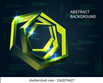 Geometric polygons sparkle on the background. 3D vector illustration . Modern geometric background. Abstract composition. Green three-dimensional  geometric polygon in space.