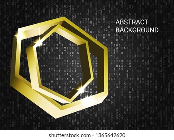 Geometric polygons sparkle on the background. 3D vector illustration . Modern geometric background. Abstract composition. Gold three-dimensional  geometric polygon in space.
