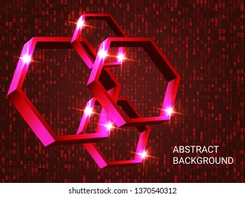 Geometric polygons sparkle on the background. 3D vector illustration . Modern geometric background. Abstract composition. Red three-dimensional  geometric polygon in space.