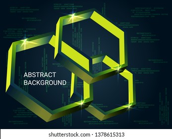 Geometric polygons sparkle on the background. Futuristic geometric background. Abstract composition. 3D vector illustration . Green three-dimensional  geometric polygon in space.