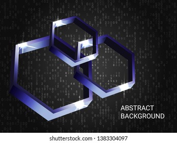 Geometric polygons sparkle on the background. Creative geometric background. Abstract composition. 3D vector illustration . Violet three-dimensional  geometric polygon in space.