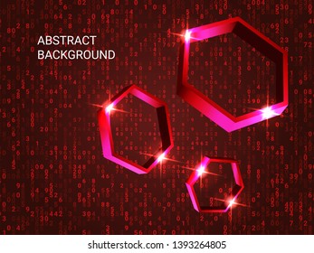 Geometric polygons sparkle on the background. Creative geometric background. Abstract composition. 3D vector illustration . Red three-dimensional  geometric polygon in space.