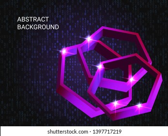 Geometric polygons sparkle on the background. Futuristic geometric background. Abstract composition. 3D vector illustration . Violet three-dimensional  geometric polygon in space.