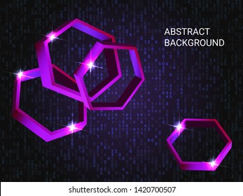 Geometric polygons sparkle on the background. 3D vector illustration . Modern geometric background. Abstract composition. Violet three-dimensional  geometric polygon in space.