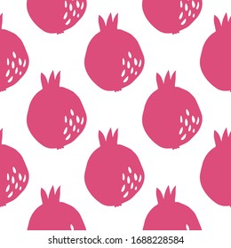 Fruta granada geométrica sin fisuras. Sencillo papel pintado de color rojo granada en estilo doodle sobre fondo blanco. Fondo para el diseño textil. Ilustración dibujada a mano por vectores.