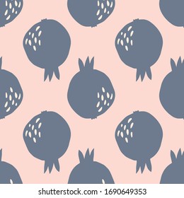 Geometric pomegranate fruit seamless pattern. Simple pomegranates wallpaper in Scandinavian style on pink background. Cute backdrop  for textile design. Vector hand drawn illustration.