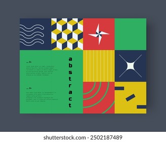 Geometric poster. Abstract color card. Minimal figures collage. Bright squares. Star and circles. Bauhaus shapes. Modern composition. Geometry elements. Triangle forms. Vector banner brutalist design