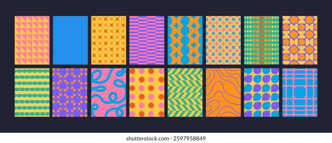 Geometric poster. Abstract texture background. Minimal repeating print with various shapes, forms, figures, strokes, lines. Modern pattern banner. Vintage textured vector set.