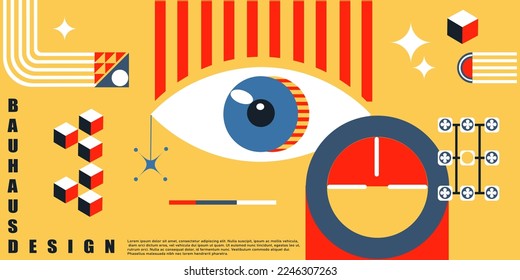 Geometric poster. Bauhaus cover templates with abstract geometry. Retro architecture minimal shapes, forms, lines and eye design vector set. Magazine, journal or album creative art cover