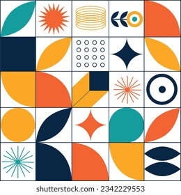 Geometric poster. Bauhaus' elements. Modern abstract shapes in minimal style. Brutalism basic forms, lines, eye, circles, heart, retro pattern, art vector set. Colorful figures dots simple design