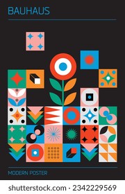 Geometric poster. Bauhaus' elements. Modern abstract shapes in minimal style. Brutalism basic forms, lines, eye, circles, heart, retro pattern, art vector set. Colorful figures dots simple design