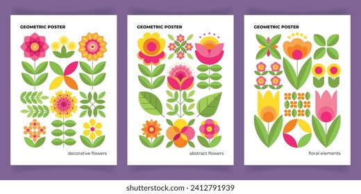 Geometric poster with beautuful decorative stylised flowers. Abstract floral background. Spring, summer nature. Flyer, invitation, decoration