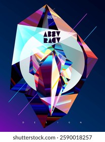 Geometric poster design with 3D polygonal iridescent shapes. Colorful glass crystals.
