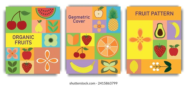 Geometric poster with fruits and berries. Set of abstract geometric pattern background with food. Colorful vector design template for cover, poster, brochure, banner, menu. Vector