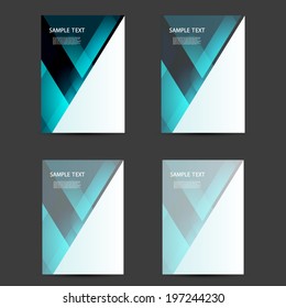 Geometric Poster Set – 2x2 Layout of Teal and Black Abstract Triangular Designs with Sample Text. A set of four abstract geometric design templates arranged in a 2×2 grid on a dark gray background. Each layout features overlapping triangular shapes in shades of teal, black, and white, creating a dynamic and modern visual effect. The top portion of each template includes the heading "SAMPLE TEXT" followed by placeholder text blocks. The designs vary slightly in opacity and arrangement, offering versatile options for use in presentations, flyers, cover pages, and promotional materials. Suitable for both commercial and editorial use across print and digital platforms.