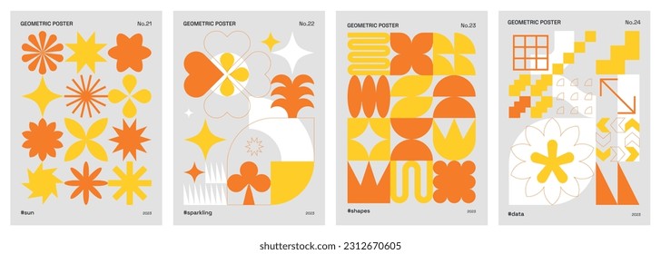 Geometric poster set. Abstract modern minimalist background. Yellow and orange basic vector shapes. Designs with symbols and geometry influenced by swiss style and modernism. Trendy patterns.