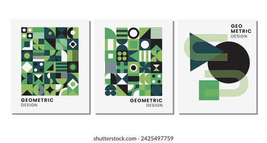 Geometric poster set in Bauhaus style. Abstract Bauhaus geometric pattern background, vector circle, triangle, and square lines color art design.

