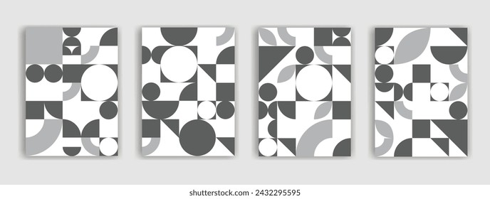Geometric poster set. Grid with color geometrical shapes. Modern abstract promotional flyer background vector illustration set. Geometric template poster, brochure neo pattern