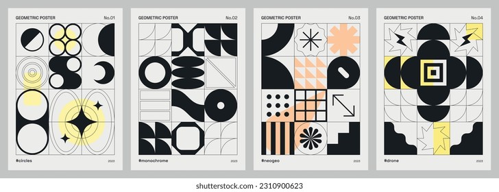 Geometric poster set influenced by minimalism and modernism. Covers or artistic prints in neo geo and brutalist styles with circles, grids, squares and futuristic shapes. Monochrome and basic forms.