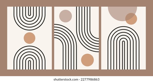 Juego de afiches geométricos. El arco de círculo de línea moderna da formas de fondo boho mínimas, impresiones retro simples. Colección de vectores