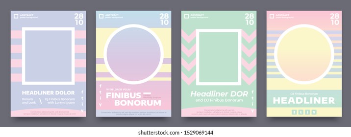 Geometric poster set in pastel summer colors, 4 different flyer, invitation design for event or music concert. Purple, blue, light green and orange poster template with place for your photo or image.