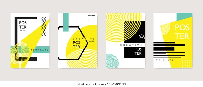 Geometric poster template. Seamless pattern with abstract shapes. Event, sale, magazine and creative cover layout banner. Publication and promotion. Black and yellow on white background