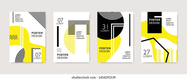 Geometric poster template. Seamless pattern with abstract shapes. Event, sale, magazine and creative cover layout banner. Publication and promotion. Black and yellow on white background