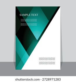 Geometric Poster Template – Teal and Black Triangular Layout with Sample Text. A modern geometric poster or flyer template featuring overlapping triangular and polygonal shapes in teal, black, and white tones. The layout includes placeholder text areas for headings and body content, making it suitable for marketing, advertising, event promotion, or informational design. The clean composition and dynamic angles create a professional and visually engaging aesthetic. Ideal for use in branding materials, business presentations, social media graphics, and editorial layouts.
