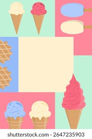 Geometric poster template with various ice creams in flat cartoon style. Colorful popsicles, cones, and scoops. Ideal for summer ads, promotions, kids’ parties, or menu design.