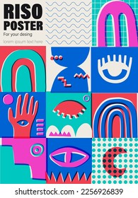 Geometric poster in trendy risograph print style. Vector Modern background for design and card, covers, package, wrapping paper.