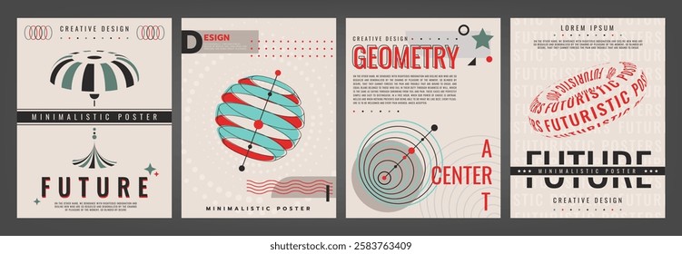 Geometric poster. Typography background. Abstract graphic shapes. Minimalism design card. Brutalism art brochure. Torus and concentric circles. Futuristic banners paper template. Vector flyers set