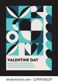 Geometric poster Valentine day. Holiday festival 14 february flyer for night theme party. Patterns from hearts of strips. Celebration for couples, lovers, people. Cartoon flat vector illustration