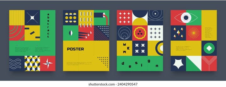 Geometric posters. Abstract color cards. Minimal figures collage. Bright squares. Line or silhouette forms. Bauhaus simple shapes. Modern composition. Geometry flat elements. Vector banners design set