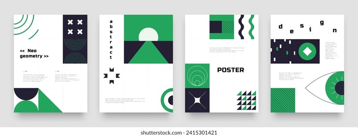 Geometric posters. Abstract color cards. Minimal figures collage. Green squares. Eye and cubes. Bauhaus shapes. Modern composition. Geometry flat elements. Triangle forms. Vector banners design set
