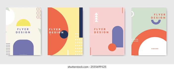 Geometric posters. Abstract color cards. Minimal figures collage. Modern composition. Geometry flat elements. Vector banners design set