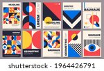 Geometric posters. Bauhaus cover templates with abstract geometry. Retro architecture minimal shapes, forms, lines and eye design vector set. Magazine, journal or album creative art cover