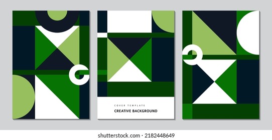 Geometric posters. Bauhaus cover templates with abstract geometry. Retro architecture minimal shapes, forms, lines and eye design vector set. Magazine, journal or album creative art cover