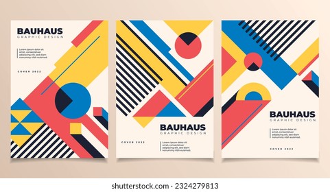 Geometric posters. Bauhaus cover templates with abstract geometry. Retro architecture minimal shapes, forms, lines and eye design vector set. Magazine, journal or album creative art cover