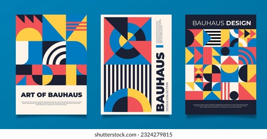 Geometric posters. Bauhaus cover templates with abstract geometry. Retro architecture minimal shapes, forms, lines and eye design vector set. Magazine, journal or album creative art cover