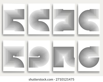 Carteles geométricos con líneas concéntricas: círculos geométricos modernos, semicírculos, patrones de triángulos creados con líneas dinámicas gruesas y audaces para un diseño moderno. Formas para carteles y branding. 
