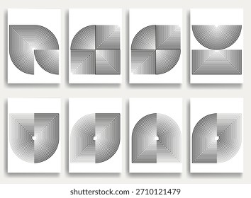 Carteles geométricos con líneas concéntricas: círculos geométricos modernos, semicírculos, patrones de triángulos creados con líneas dinámicas gruesas y audaces para un diseño moderno. Formas para carteles y branding. 
