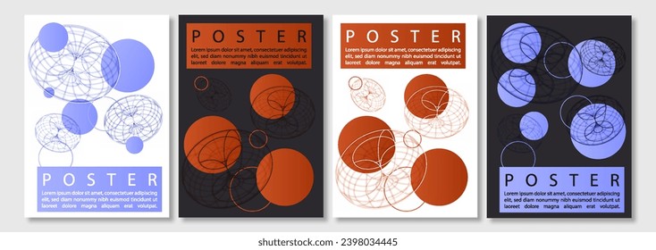 Geometric posters set. Minimalistic abstract creativity and art. Red and blue geometric figures and grid. Cyberspace and virtual reality. Cartoon flat vector collection isolated on white background