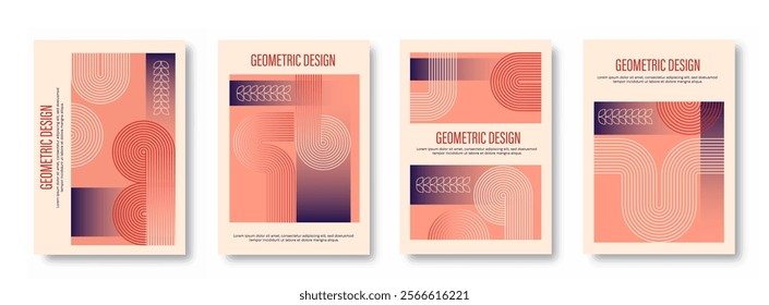 Geometric posters set. Minimalistic abstract creativity and art. Curved and wavy lines patterns. Flyers and booklets, leaflet. Flat vector collection isolated on white background