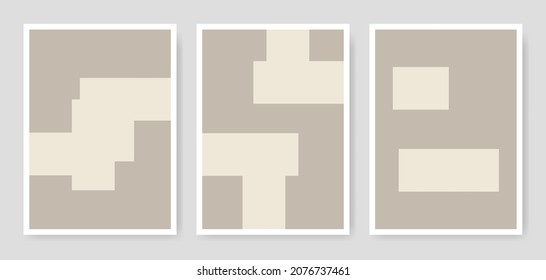 Geometric posters of square, rectangle lines of beige and brown colors. Abstract shapes print collection in minimalist style. Contemporary wall art illustrations.